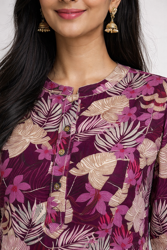 Wine Floral Printed A-Line Kurti for Women | Elegant Everyday Style by Pd Clori