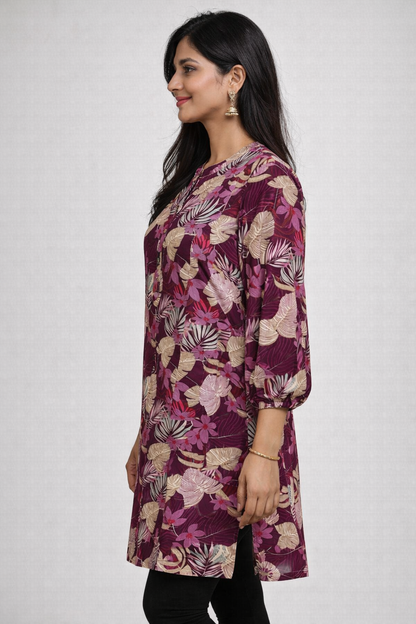Wine Floral Printed A-Line Kurti for Women | Elegant Everyday Style by Pd Clori