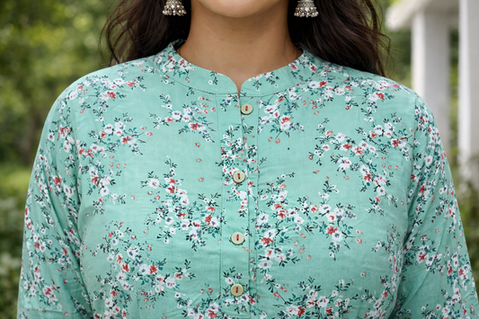 Mint Green Floral Printed Kurti for Women | Minimal Everyday Elegance by Pd Clori