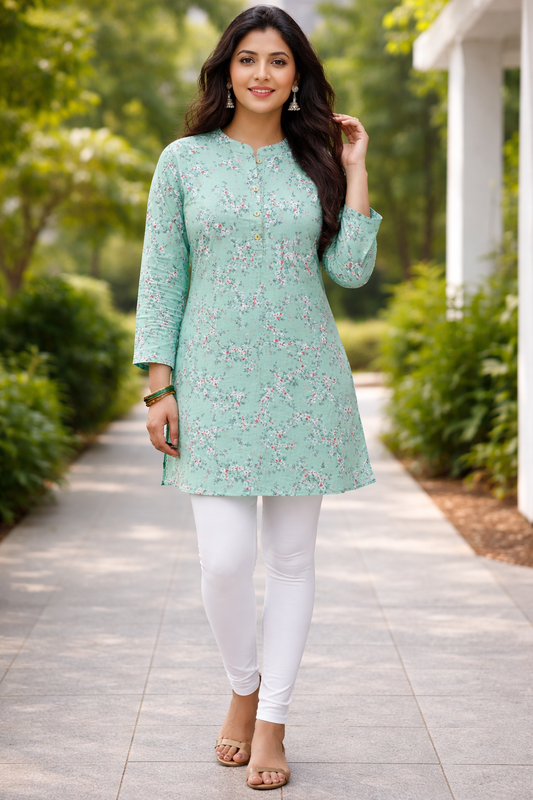 Mint Green Floral Printed Kurti for Women | Minimal Everyday Elegance by Pd Clori