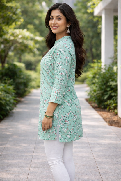 Mint Green Floral Printed Kurti for Women | Minimal Everyday Elegance by Pd Clori