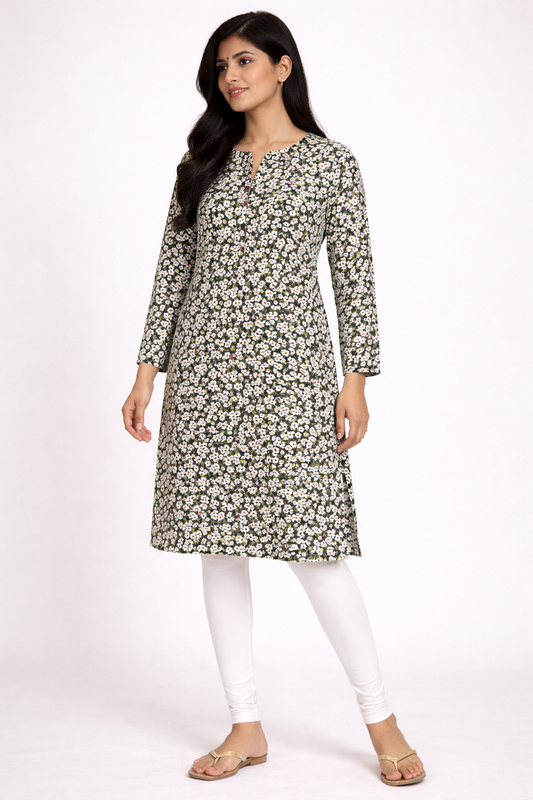 Elegant Olive Floral Printed Kurti for Women | Minimal Everyday Style by Pd Clori