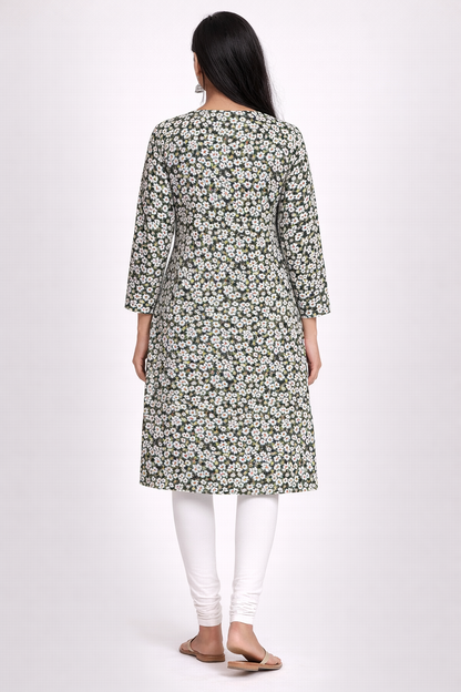 Elegant Olive Floral Printed Kurti for Women | Minimal Everyday Style by Pd Clori