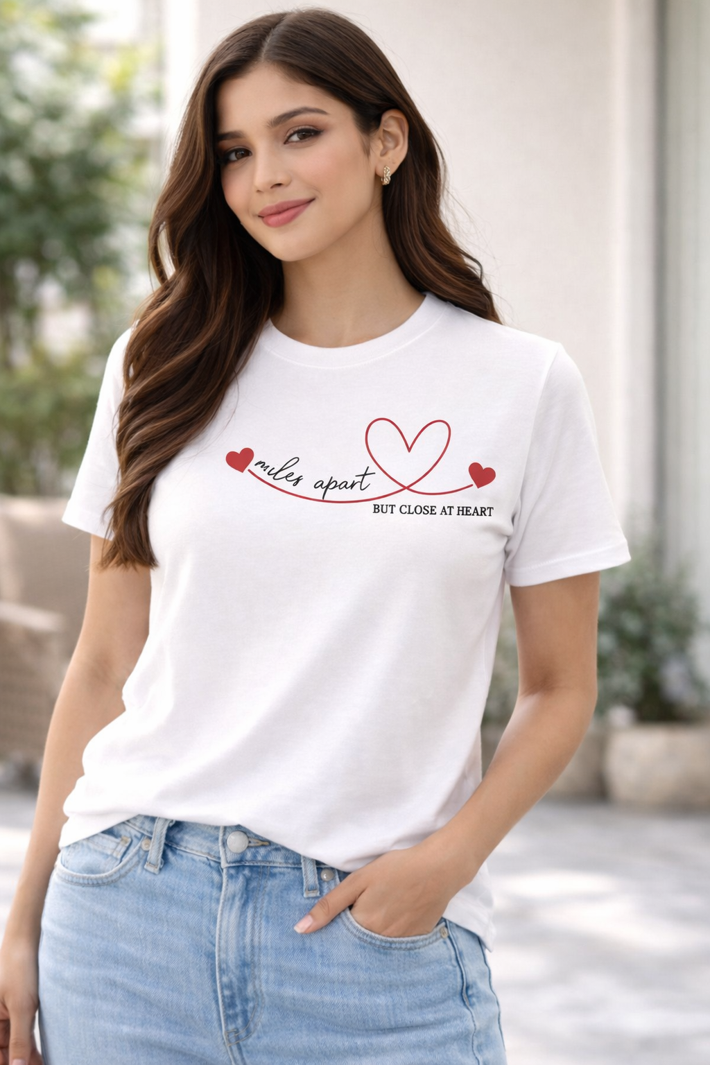 Pd Clori Miles Apart T-Shirt | Long Distance Love Graphic Tee for Women | Minimal Heart White Cotton