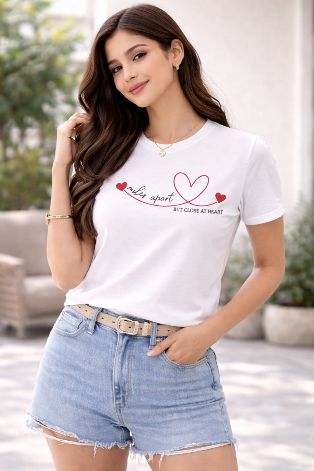 Pd Clori Miles Apart T-Shirt | Long Distance Love Graphic Tee for Women | Minimal Heart White Cotton
