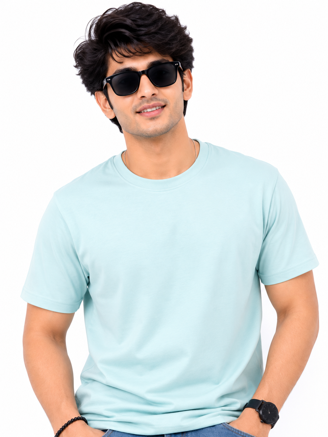 Men's Sky Blue Solid Cotton T-Shirt | Premium Round Neck Half Sleeve Casual Tee