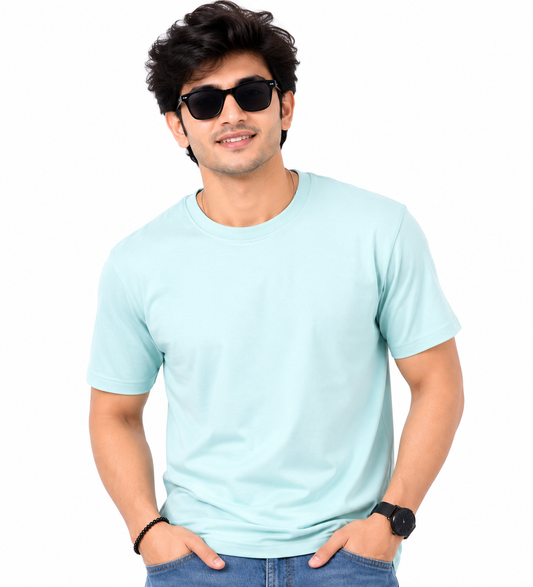 Men's Sky Blue Solid Cotton T-Shirt | Premium Round Neck Half Sleeve Casual Tee