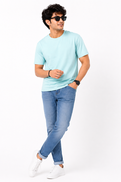 Men's Sky Blue Solid Cotton T-Shirt | Premium Round Neck Half Sleeve Casual Tee
