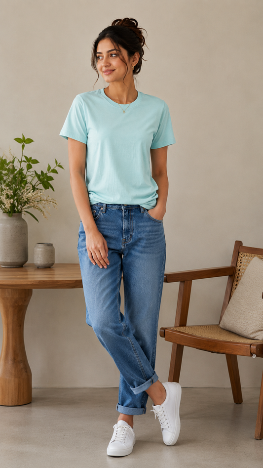 Women's Sky Blue Solid Cotton T-Shirt | Classic Round Neck Half Sleeve Casual Tee