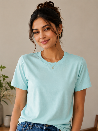 Women's Sky Blue Solid Cotton T-Shirt | Classic Round Neck Half Sleeve Casual Tee