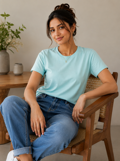 Women's Sky Blue Solid Cotton T-Shirt | Classic Round Neck Half Sleeve Casual Tee