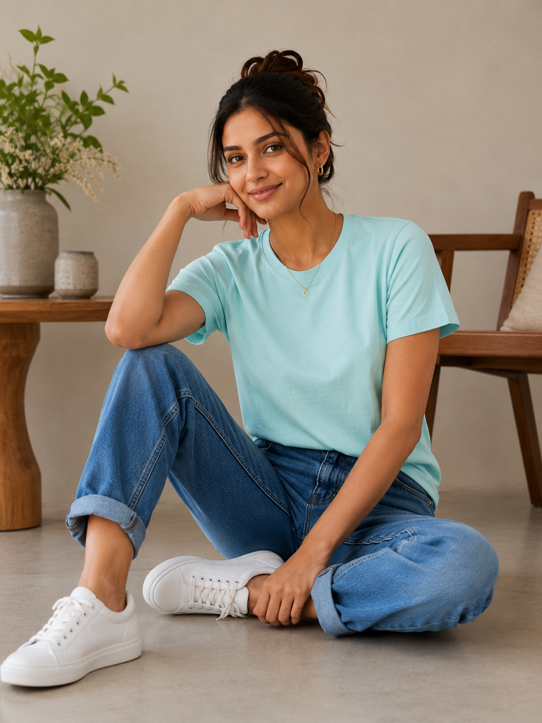 Women's Sky Blue Solid Cotton T-Shirt | Classic Round Neck Half Sleeve Casual Tee