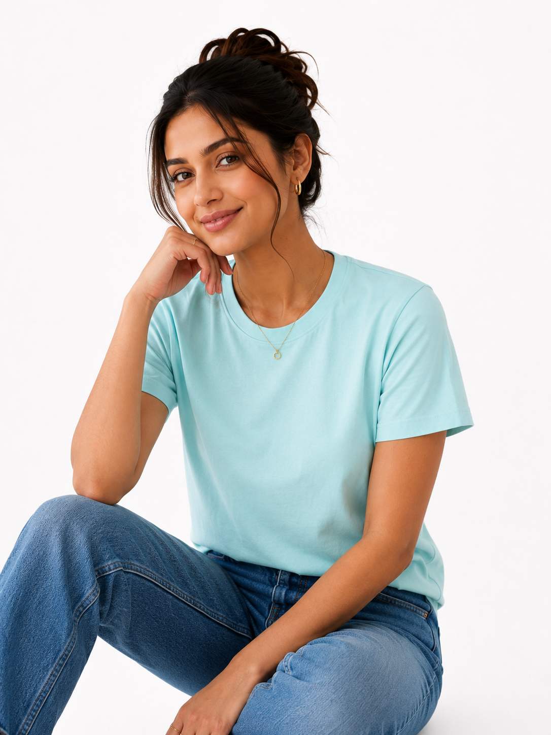 Women's Sky Blue Solid Cotton T-Shirt | Classic Round Neck Half Sleeve Casual Tee