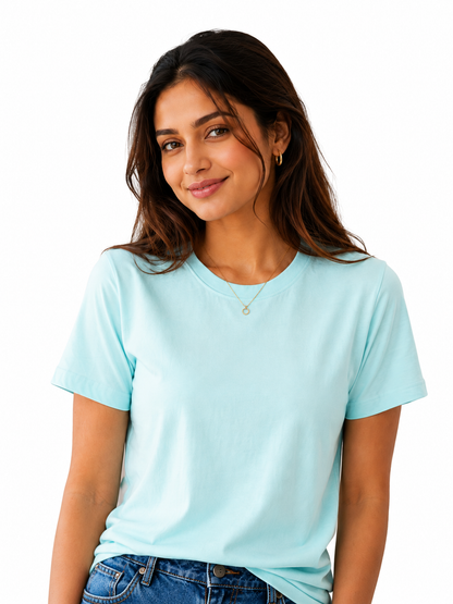 Women's Sky Blue Solid Cotton T-Shirt | Classic Round Neck Half Sleeve Casual Tee