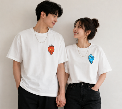 Fire & Water Pocket Graphic Matching Couple T-Shirt