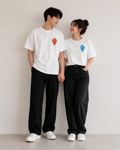Fire & Water Pocket Graphic Matching Couple T-Shirt