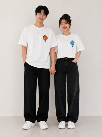 Fire & Water Pocket Graphic Matching Couple T-Shirt