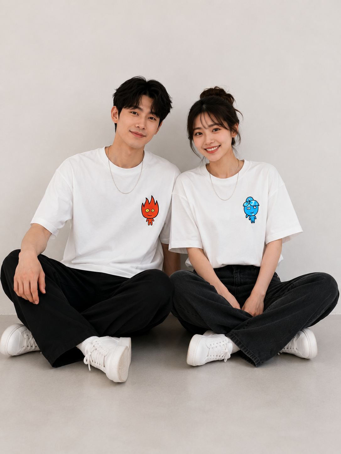 Fire & Water Pocket Graphic Matching Couple T-Shirt