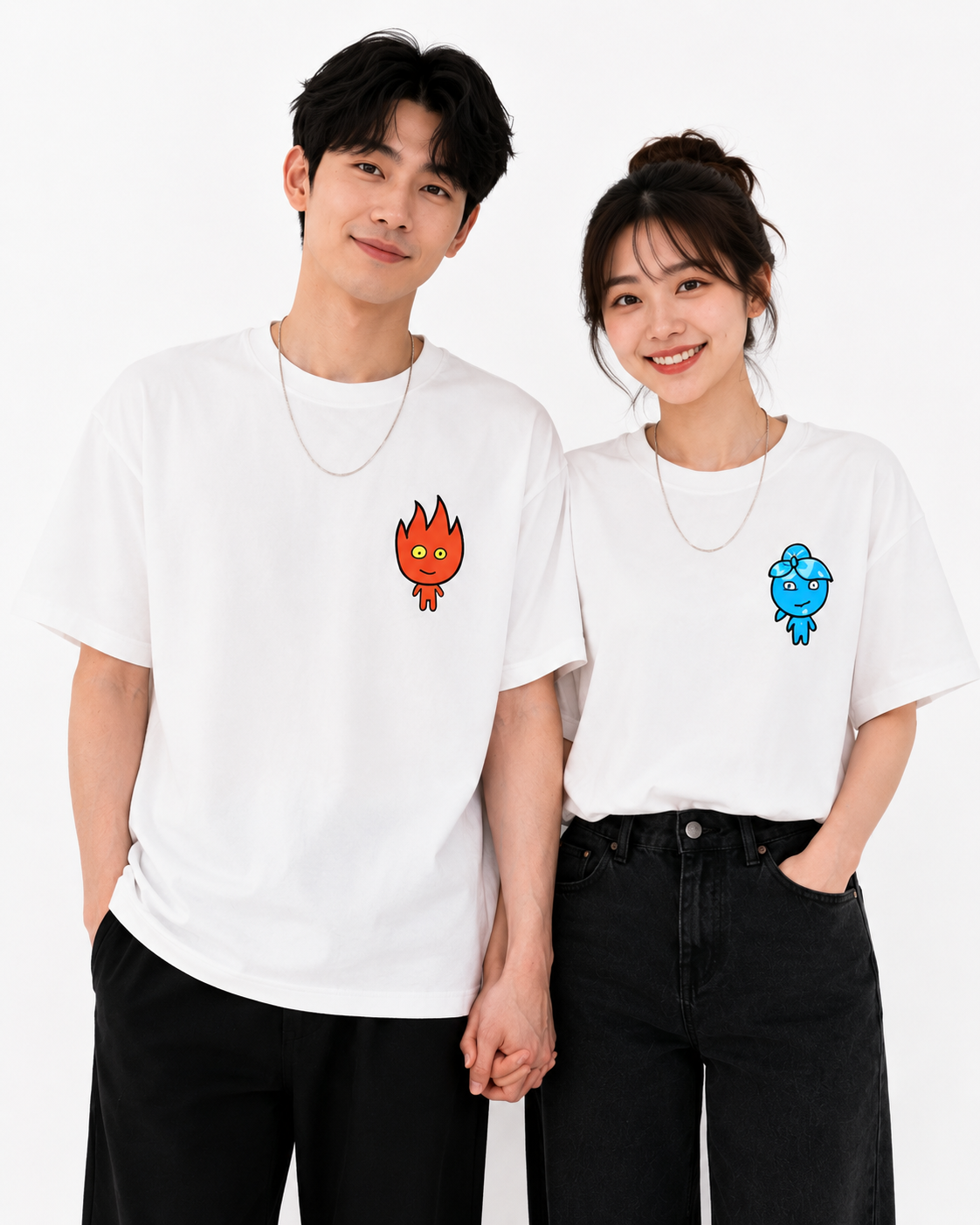 Fire & Water Pocket Graphic Matching Couple T-Shirt