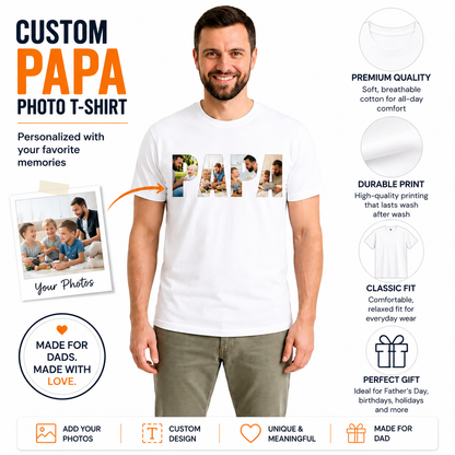 Personalized PAPA Photo T-Shirt | Custom Family Photo Printed T-Shirt for Dad | Father’s Day Gift