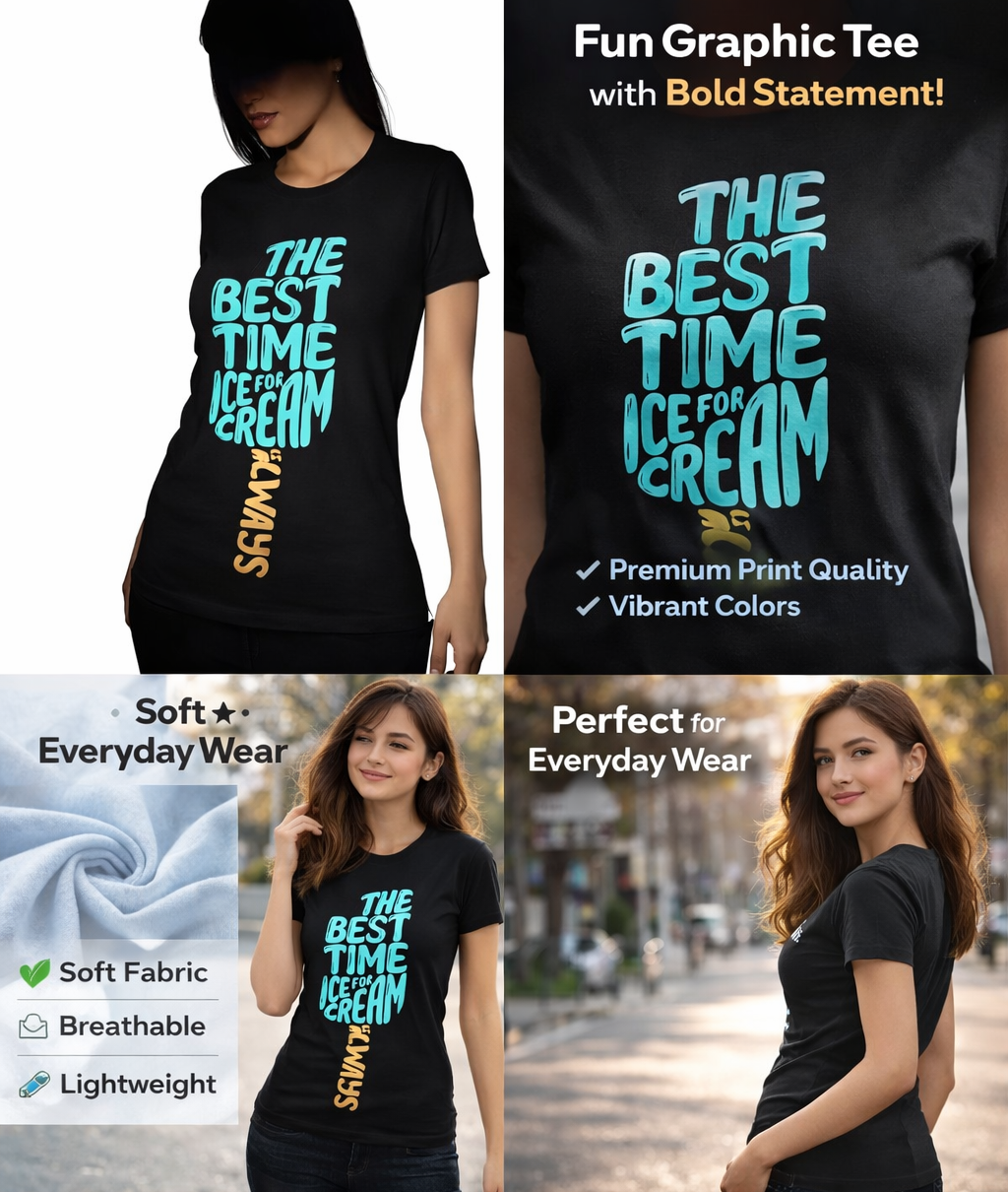 Women's Black Ice Cream Graphic T-Shirt | Premium Cotton Round Neck Casual Tee