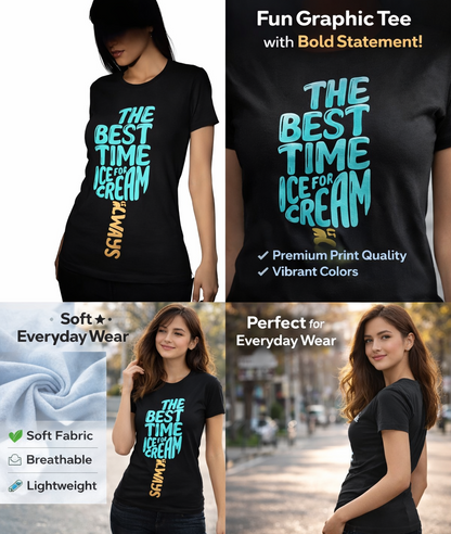 Women's Black Ice Cream Graphic T-Shirt | Premium Cotton Round Neck Casual Tee