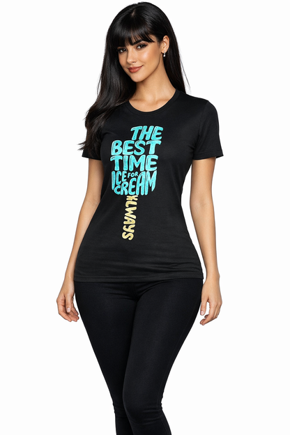 Women's Black Ice Cream Graphic T-Shirt | Premium Cotton Round Neck Casual Tee