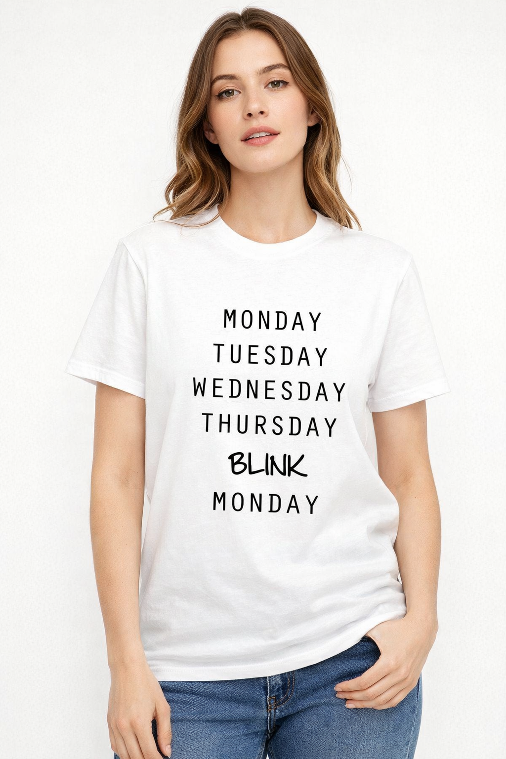 Pd Clori Monday Blink Monday T-Shirt | Funny Minimal Typography Tee for Women | White Cotton