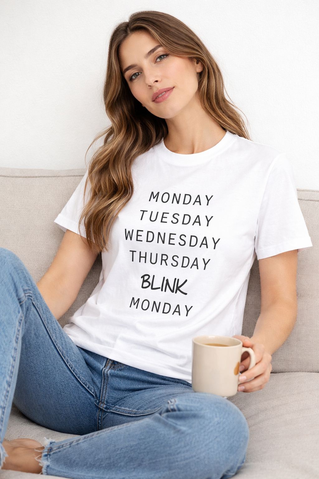 Pd Clori Monday Blink Monday T-Shirt | Funny Minimal Typography Tee for Women | White Cotton