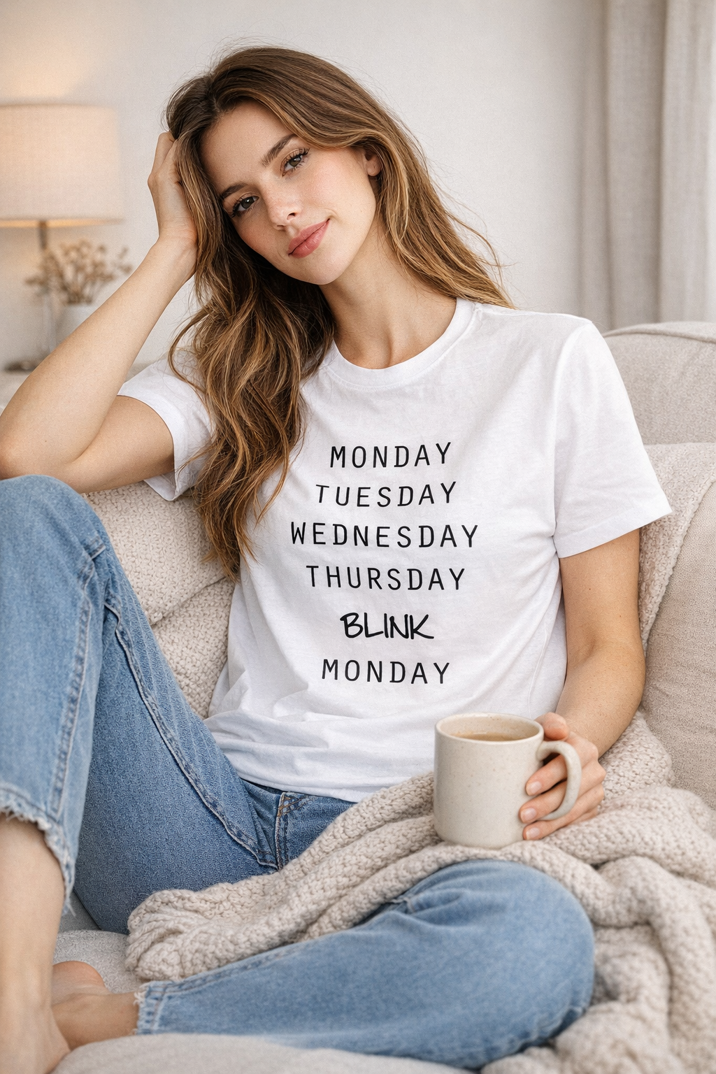 Pd Clori Monday Blink Monday T-Shirt | Funny Minimal Typography Tee for Women | White Cotton