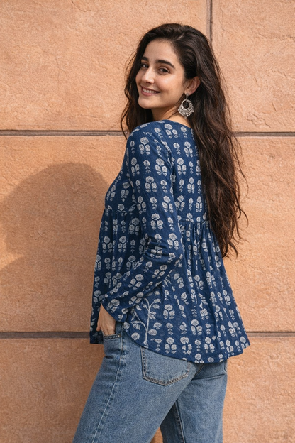Pd Clori Effortless Elegance Printed Top | Minimal Blue Casual Wear for Women