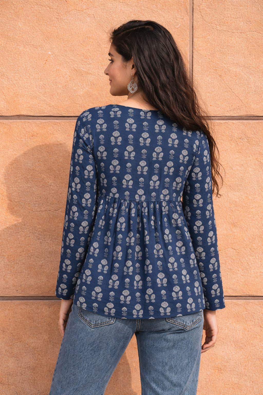 Pd Clori Effortless Elegance Printed Top | Minimal Blue Casual Wear for Women