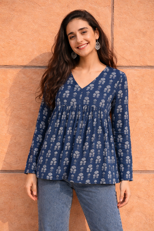 Pd Clori Effortless Elegance Printed Top | Minimal Blue Casual Wear for Women