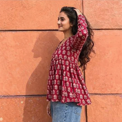 Pd Clori Effortless Elegance Printed Top | Minimal Blue Casual Wear for Women
