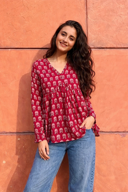 Pd Clori Effortless Elegance Printed Top | Minimal Blue Casual Wear for Women