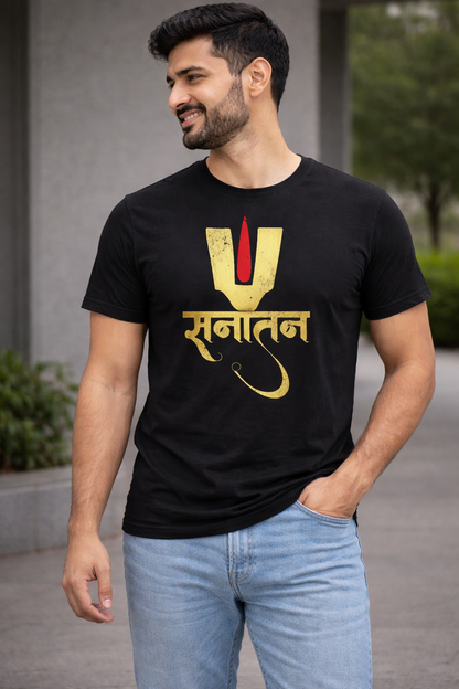 Pd Clori Sanatan Symbol Graphic T-Shirt | Spiritual Minimal Print Tee for Men | Premium Black Cotton T-Shirt
