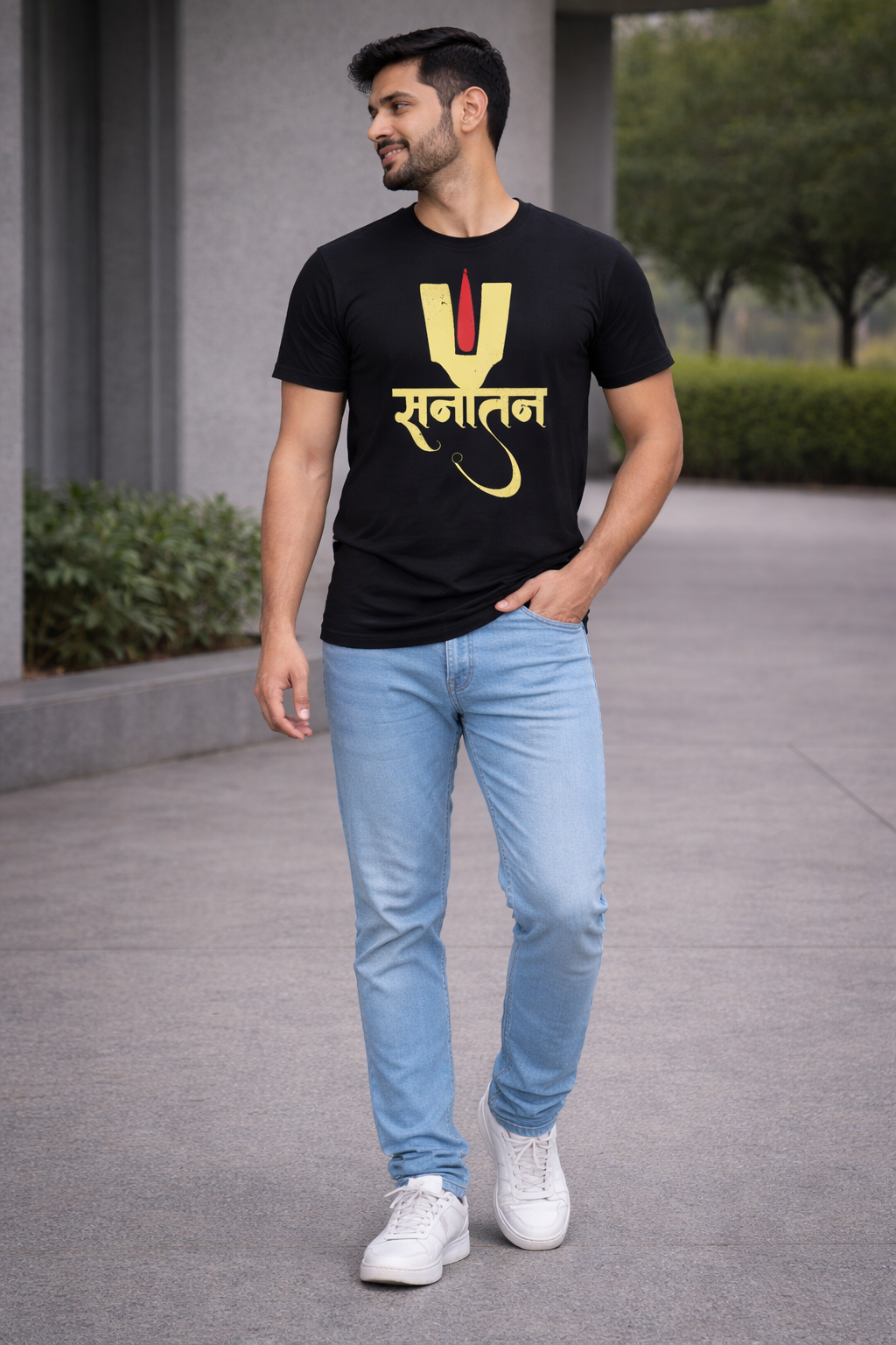 Pd Clori Sanatan Symbol Graphic T-Shirt | Spiritual Minimal Print Tee for Men | Premium Black Cotton T-Shirt