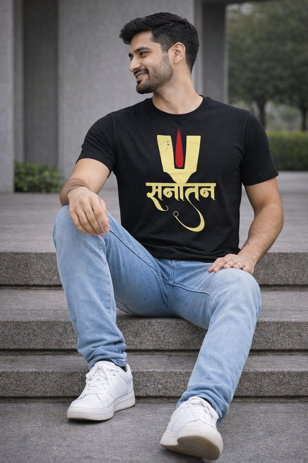 Pd Clori Sanatan Symbol Graphic T-Shirt | Spiritual Minimal Print Tee for Men | Premium Black Cotton T-Shirt