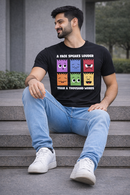 Pd Clori “A Face Speaks Louder” Graphic T-Shirt | Fun Expression Print Tee for Men | Premium Black Cotton T-Shirt