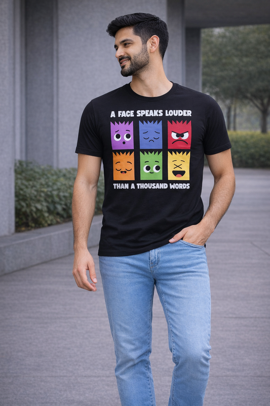 Pd Clori “A Face Speaks Louder” Graphic T-Shirt | Fun Expression Print Tee for Men | Premium Black Cotton T-Shirt