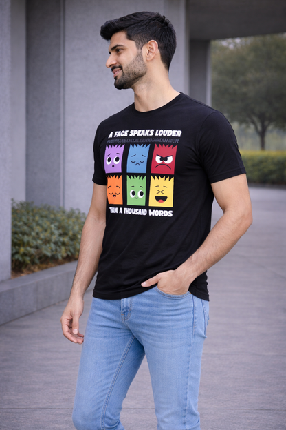 Pd Clori “A Face Speaks Louder” Graphic T-Shirt | Fun Expression Print Tee for Men | Premium Black Cotton T-Shirt