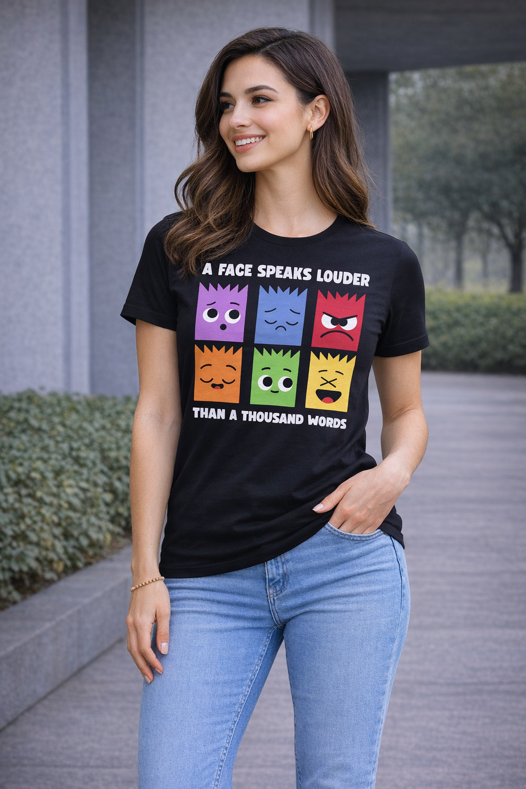 Pd Clori “A Face Speaks Louder” Graphic T-Shirt | Minimal Expression Art Tee for Women | Premium Black Cotton T-Shirt