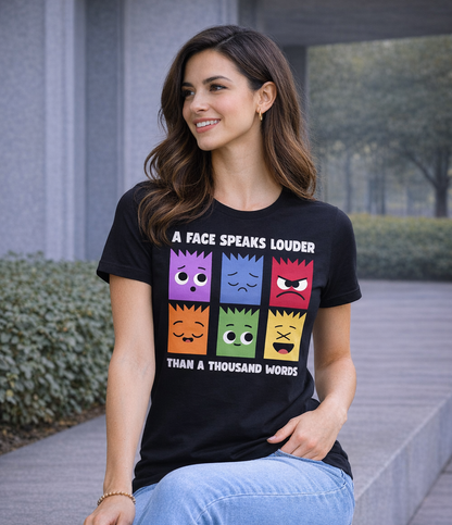 Pd Clori “A Face Speaks Louder” Graphic T-Shirt | Minimal Expression Art Tee for Women | Premium Black Cotton T-Shirt