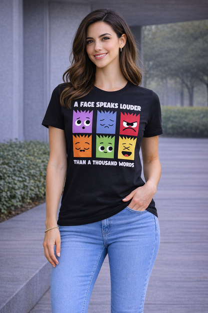 Pd Clori “A Face Speaks Louder” Graphic T-Shirt | Minimal Expression Art Tee for Women | Premium Black Cotton T-Shirt