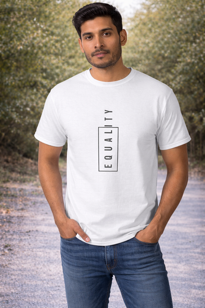 Men’s Minimal “Equality” Graphic White T-Shirt | Vertical Typography Premium Tee