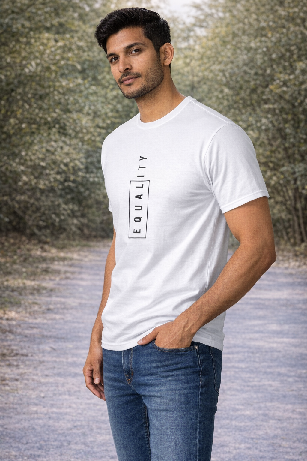Men’s Minimal “Equality” Graphic White T-Shirt | Vertical Typography Premium Tee