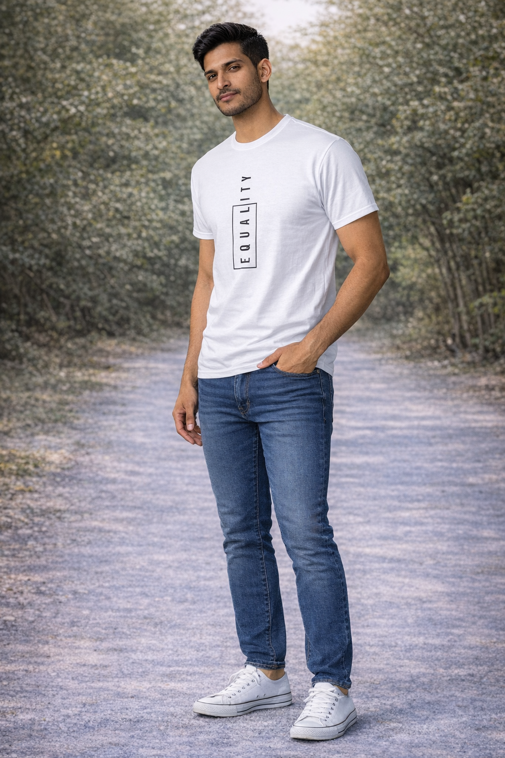 Men’s Minimal “Equality” Graphic White T-Shirt | Vertical Typography Premium Tee