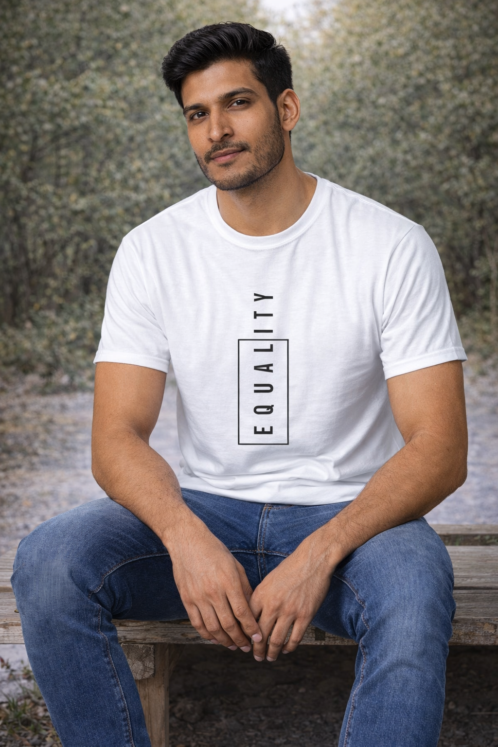 Men’s Minimal “Equality” Graphic White T-Shirt | Vertical Typography Premium Tee