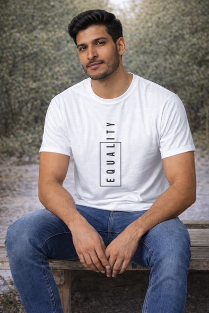 Men’s Minimal “Equality” Graphic White T-Shirt | Vertical Typography Premium Tee