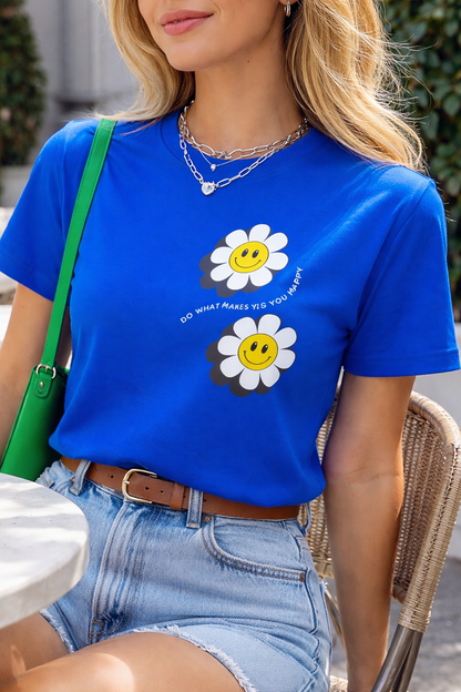 Blue Daisy Smile Graphic T-Shirt for Women | Cute Floral Happy Face Minimal Tee